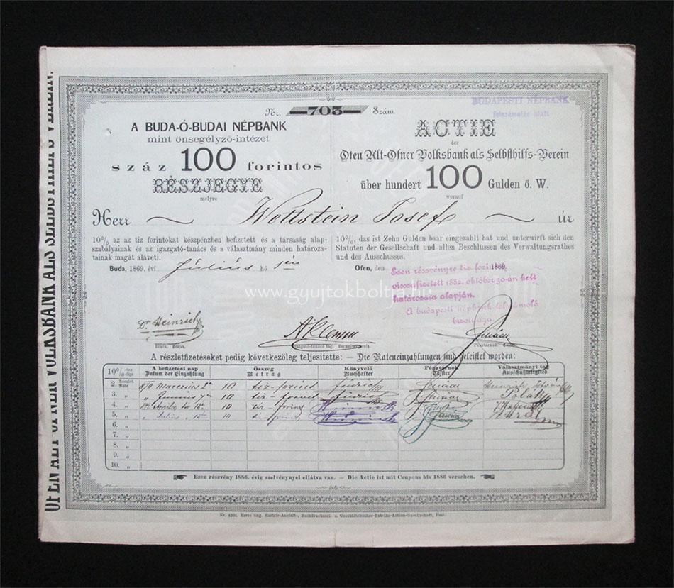 Buda-Óbudai Népbank mint Önsegélyző Intézet 100 forint 1869